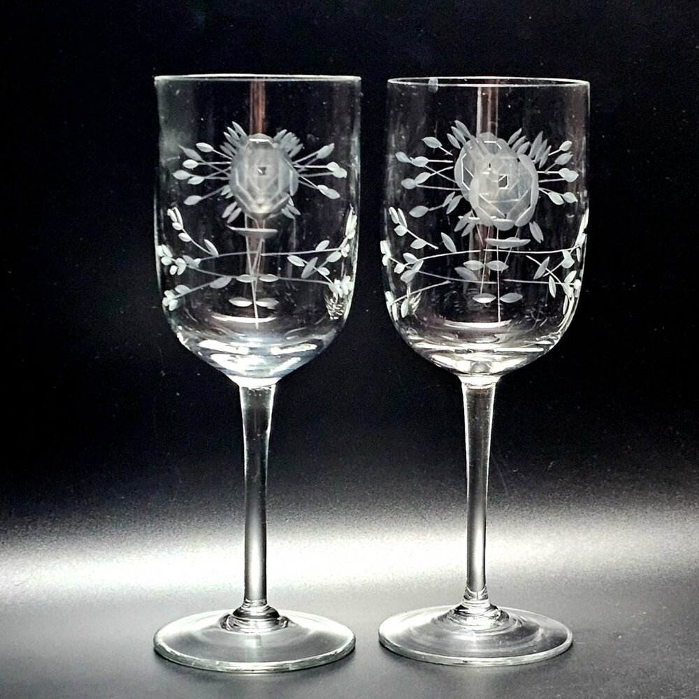 2 Crystal Clear Rose Wine Glasses 8" etched crystal cottagecore 8oz lacey leaves